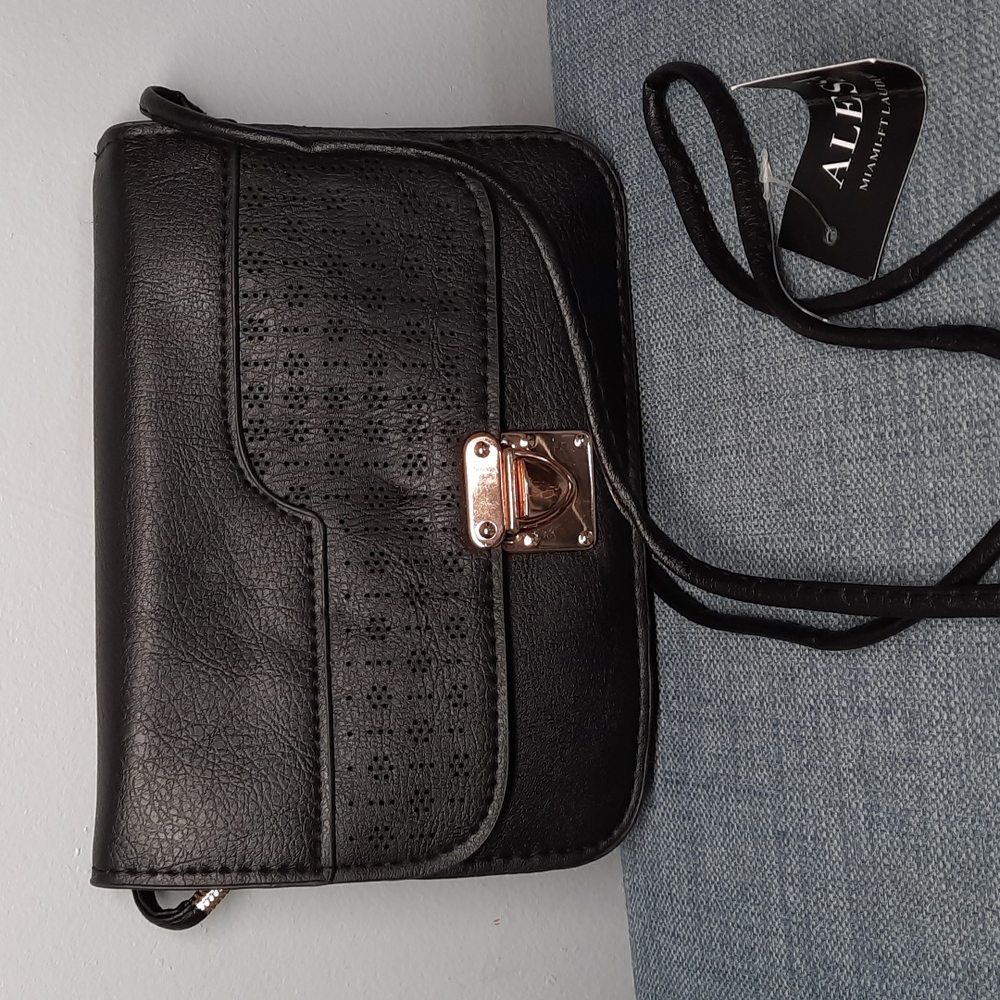 Black Small Crossbody Flower Laser Cut Designed Flap Gold Turn Lock Closure AsIs